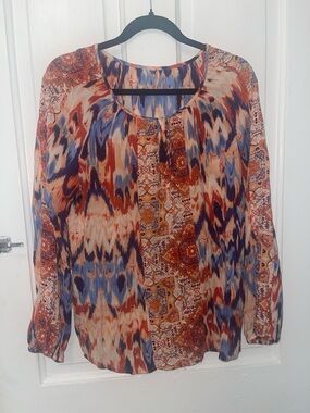 Women's Boho Printed Long-Sleeve Blouse in Rust Blue